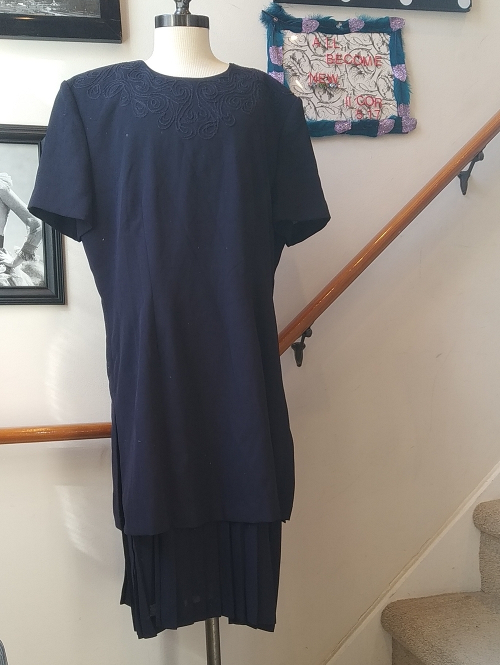 Women's Navy Midi Dress with Embroidered Yoke